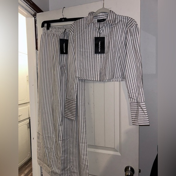 2 piece PLT Prettylittlething grey white woven cotton flax wide leg drawstring 8 - Picture 3 of 13